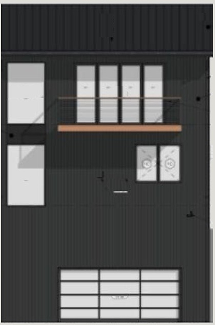 Front elevation of Circuit Villa 29: garage at track level with a glass door, bedrooms above, and a living floor opening onto a balcony